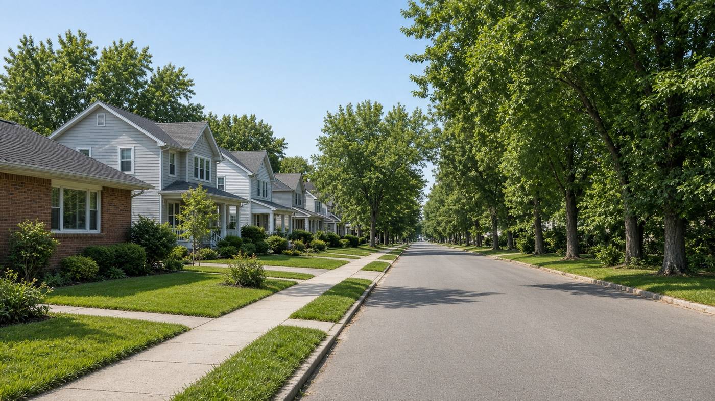 Tree-lined Downriver neighborhood in Wayne County, Michigan
